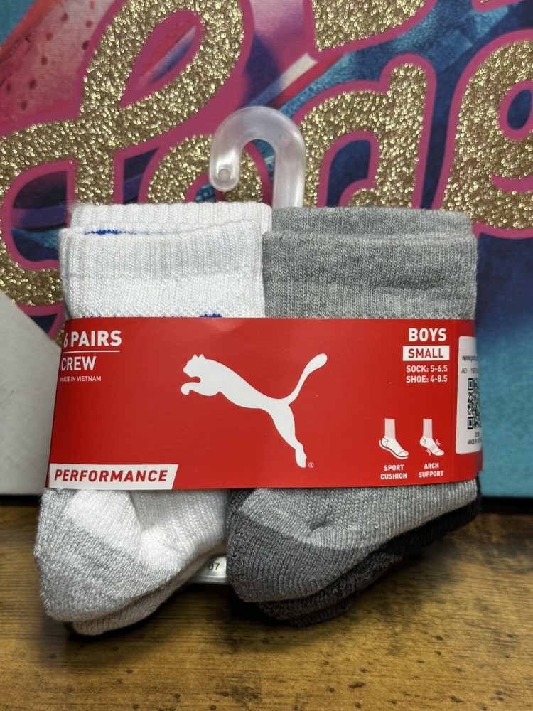 New PUMA Kids' Crew Socks (6 Pairs) Boys Small Shoe 4 - 8.5