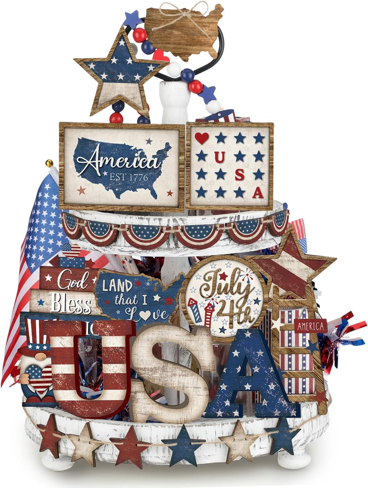 25 Pcs 4Th of July Tiered Tray Decorations Set Wood Patriotic Decoration Rustic