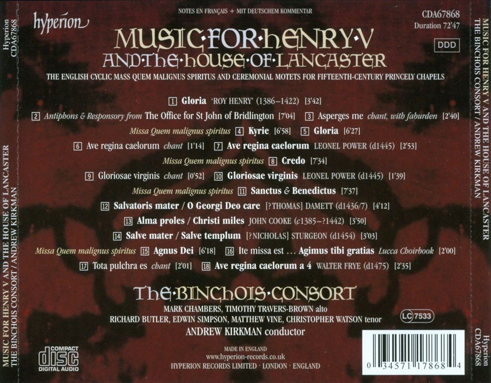 THE BINCHOIS CONSORT/ANDREW KIRKMAN MUSIC FOR HENRY V AND THE HOUSE OF LANCASTER