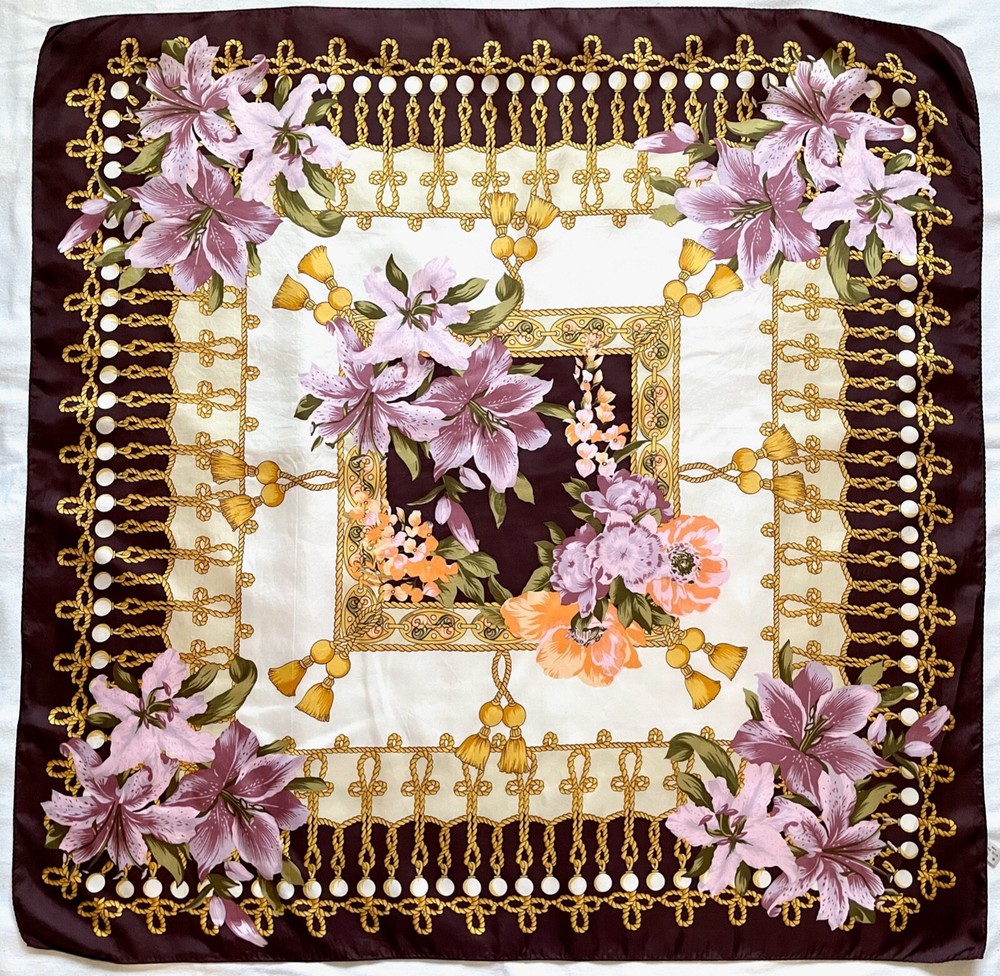 Classic Brown Pink Gold Lily Tassel Fringe Silk Twill Fashion Scarf