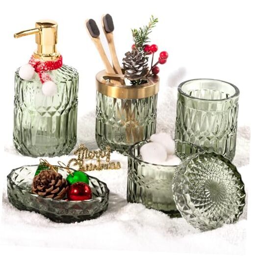6PCS Bathroom Clear Glass Accessories Set (Lotion Soap Dispenser, 6pcs Green