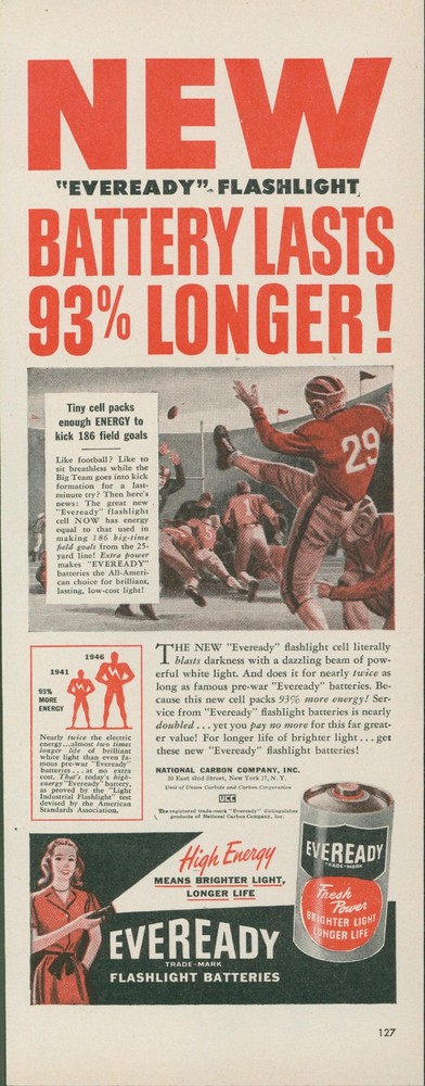 1946 Eveready Flashlight Batteries Football Player Game Field Goal Energy Ad L43