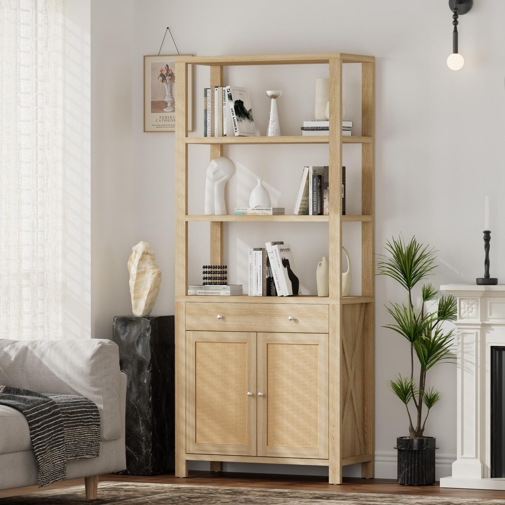 MECHYIN Tall Bookcases with Doors Rattan Boho Style 5 Tier Bookshelf, 13.8in ...