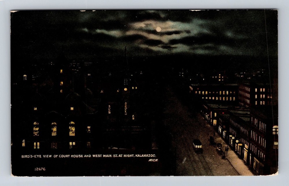 Kalamazoo MI-Michigan, Courthouse, West Main St, Night, Vintage c1912 Postcard