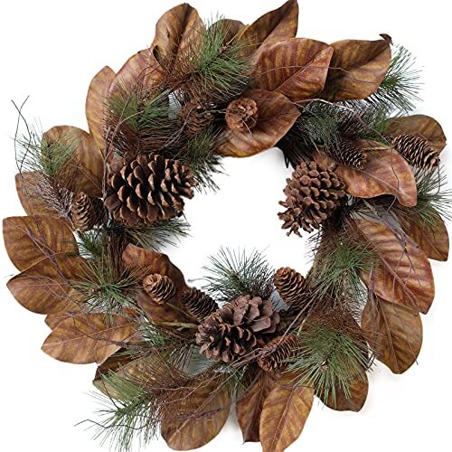 22-Inch Artificial Christmas Wreath with Magnolia Leaves and Pine Cones