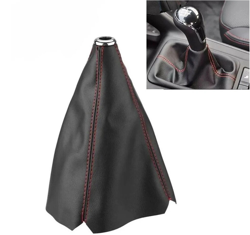 Universal Auto Manual Gear Shift Knob Boot Dust Cover Black Leather w/Red Seams