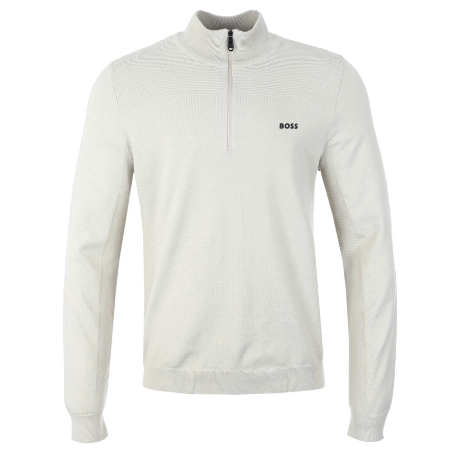 BOSS Jumper Mens Light Beige Quarter Zip Knitwear With Logo - Momentum Size M
