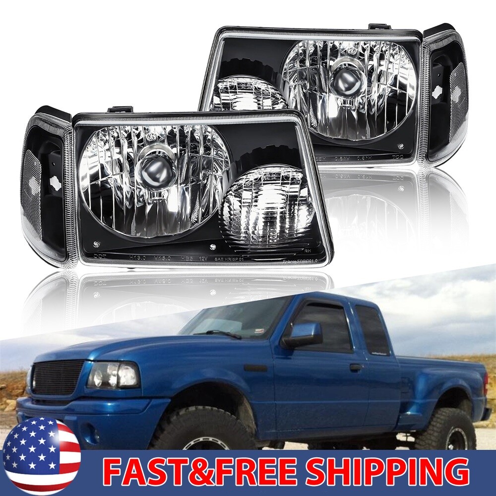 Left Right Pair Headlights Assembly For 2001-2011 Ford Ranger Black Clear Lens