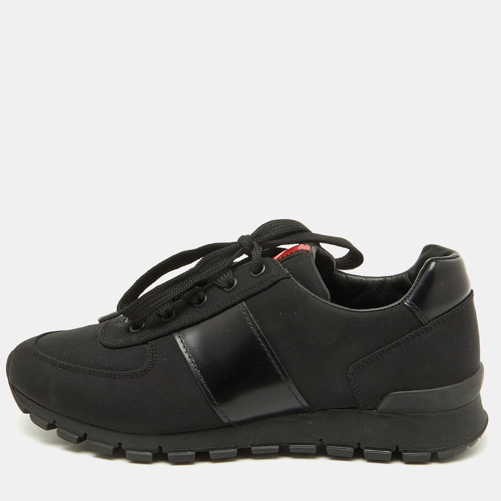Prada Sport Black Canvas Leather Low Top Sneakers Size 39 EU
