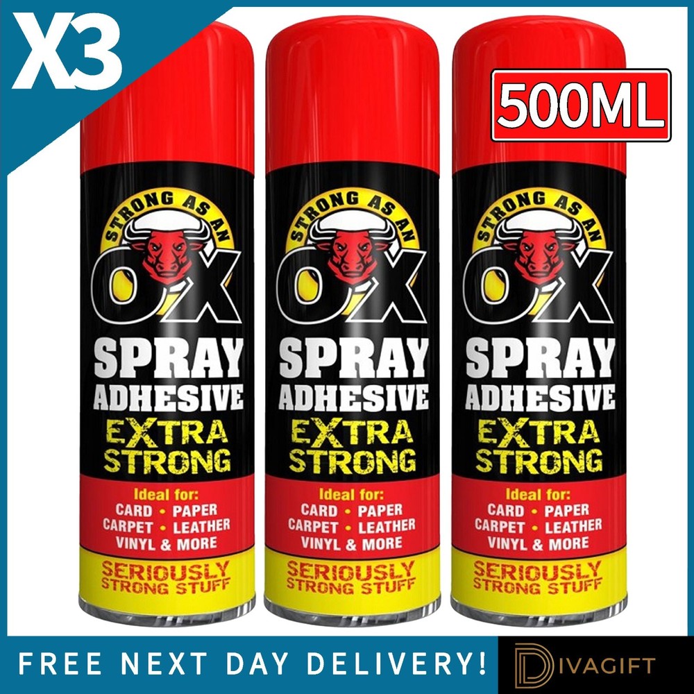 3 x HEAVY DUTY SPRAY ADHESIVE GLUE STRONG AS AN OX FOR CARPET TILE CRAFT FABRICS