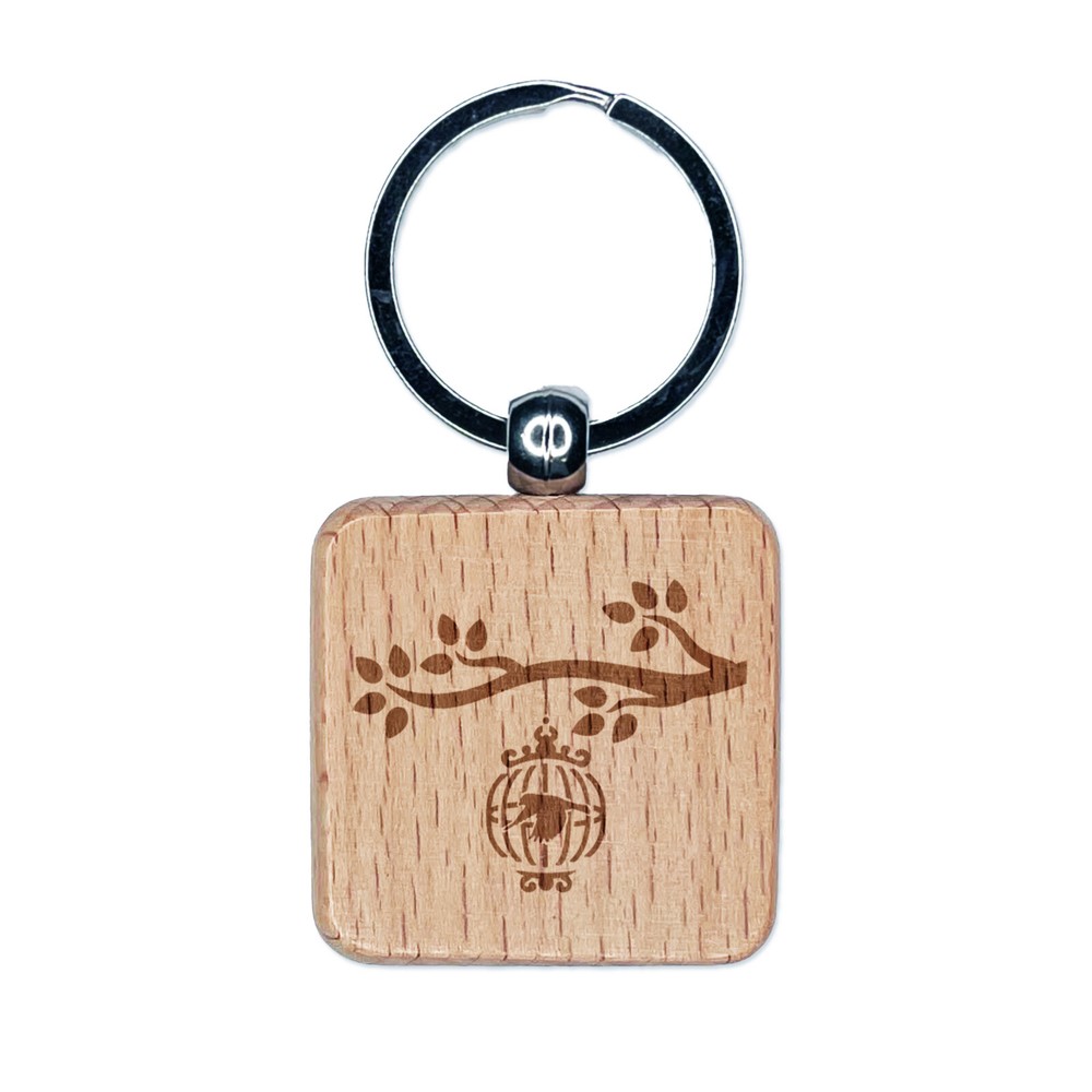 Bird Cage on Tree Branch Engraved Wood Square Keychain Tag Charm
