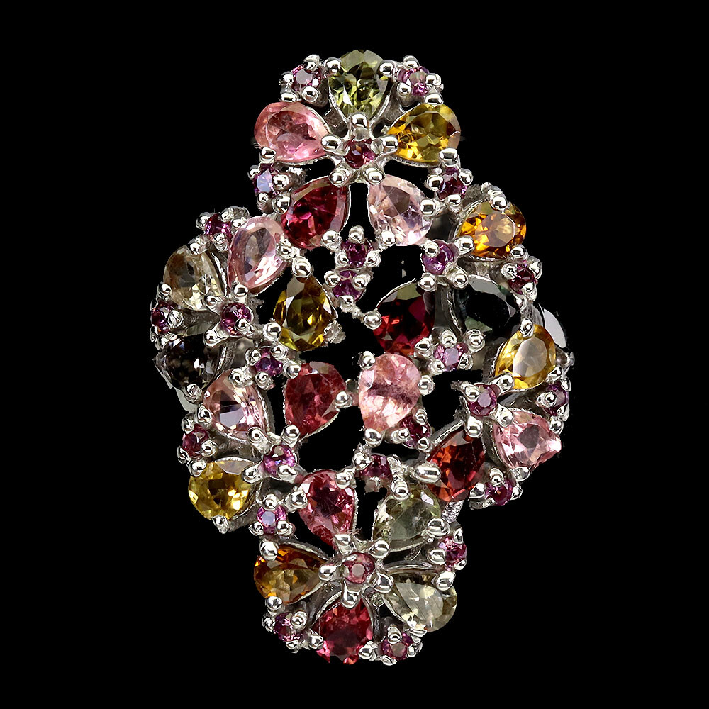 925 Sterling Silver Ring Pear Tourmaline Rhodolite Garnet Gemstone Jewelry Size