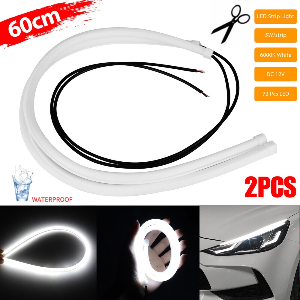 2PCS White 60cm Car Flexible Tube LED Strip Daytime Runnning DRL Light Headlight