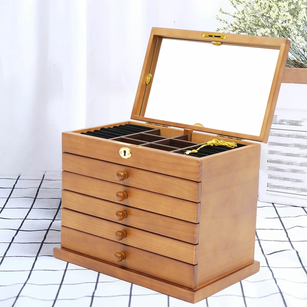 Jewelry Box Wood for Wowen 6-Layer Large Organizer Box with Mirror & 5 Drawers