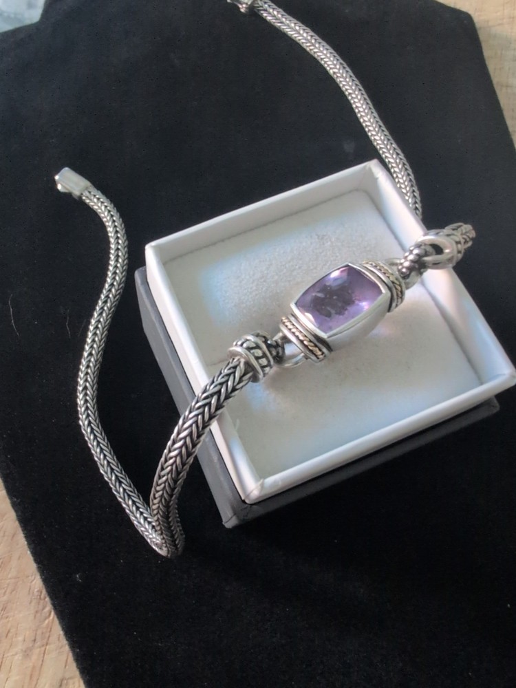 Vintage Super Heavy 925 & 18k Effy Wheat Chain Necklace Hyperbolic Amethyst Cut