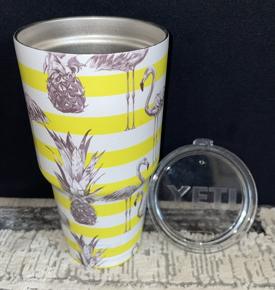 Yeti Rambler 30 oz Tumbler in Yellow White Stripes with Flamingos and Pineapples
