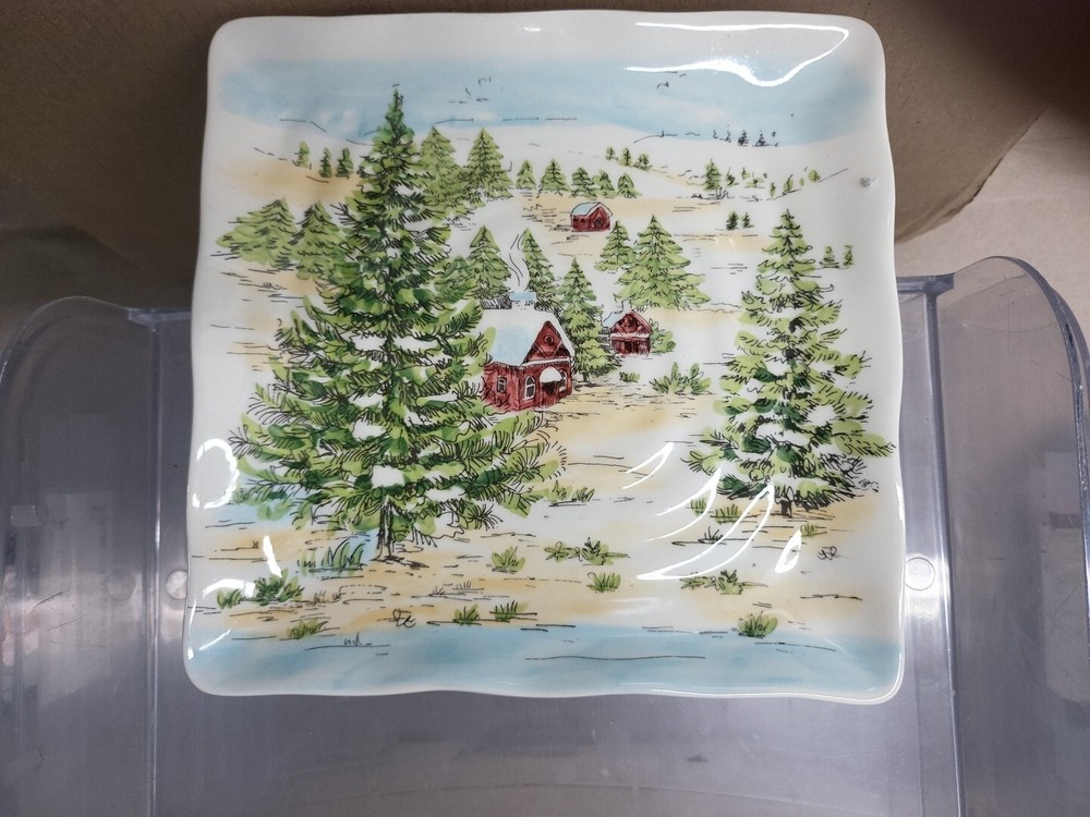 Maxcera Snowville Square Salad Plates 8 1/2” Winter Snowy Forest House