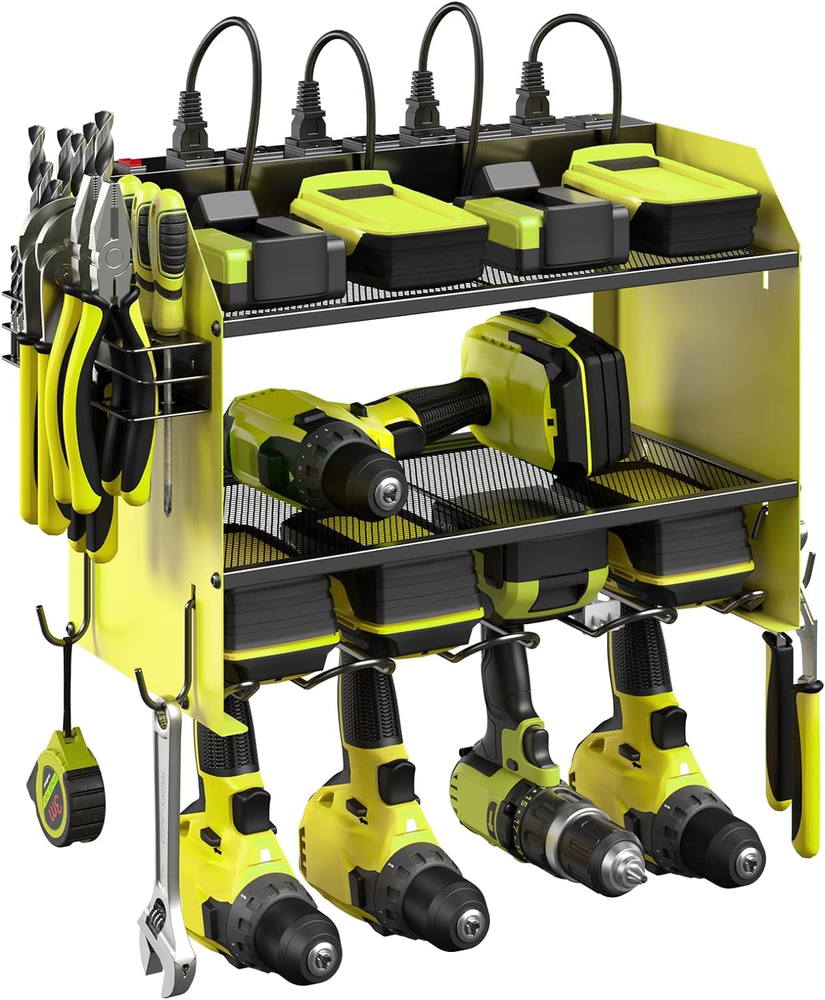 Modular Wall Mount Power Tool Organizer with Charging Station for 4 Drills