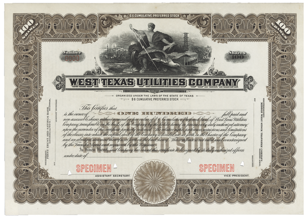 West Texas Utilities Company. Stock Certificate.