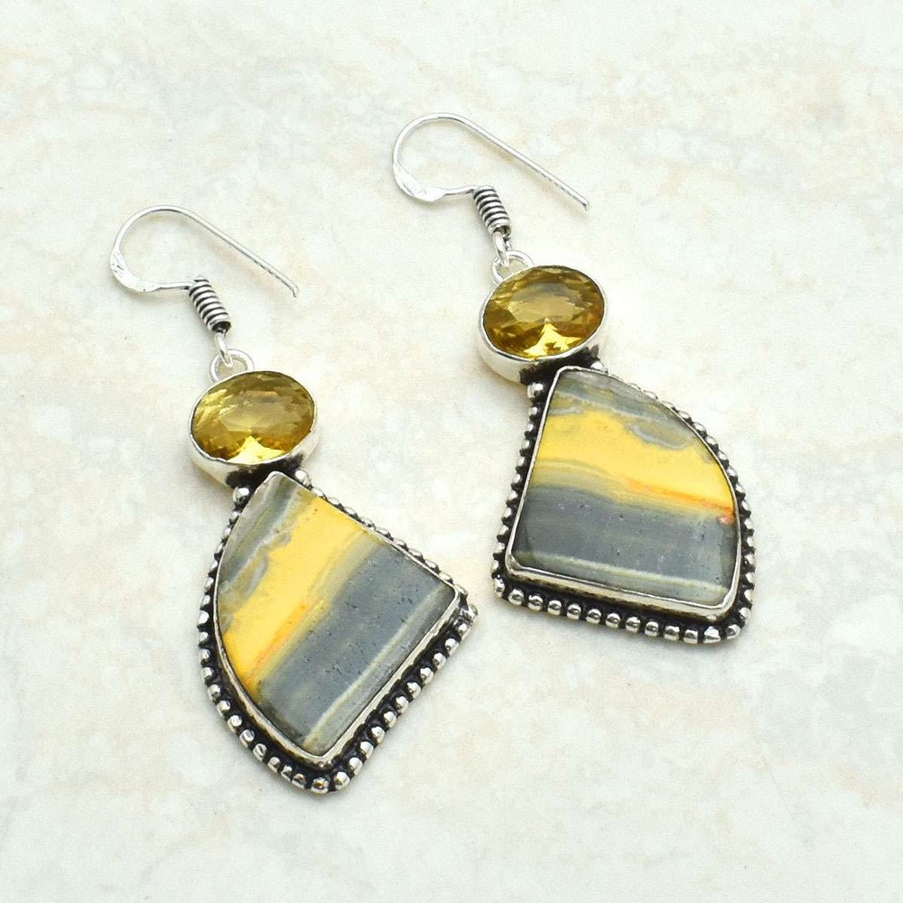 Bumble Bee Jasper Citrine Gemstone Drop Dangle Earrings Jewelry 1.84