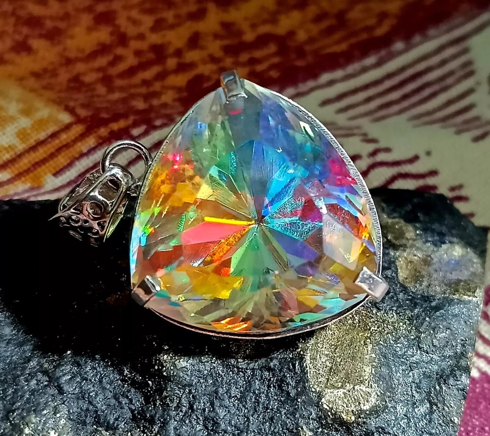 EGL 84.55 Ct+Natural Mystic Topaz Trillion Cut 925 Solid Silver Pendant Gemstone
