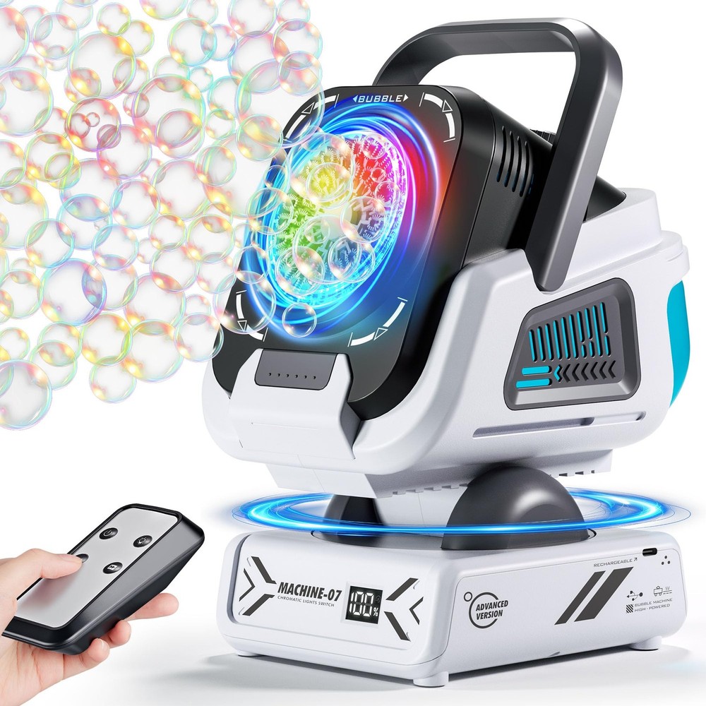 Upgraded Bubble Machine with Remote Control, Automatic Rotation & RGB Lights,...