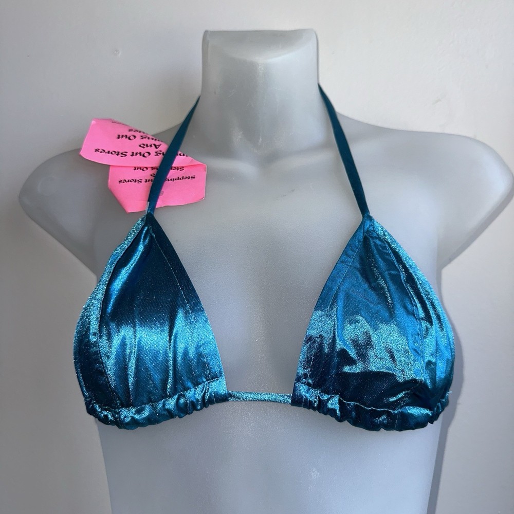 Womens 90S Y2K Dead Stock Sin-Sations Silky Blue Halter Bikini Top Sz M NWT
