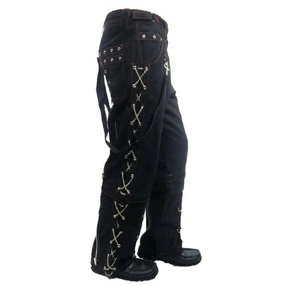 Men's Metal Eyelet Studded Skater Pants with Chains & Red Stitching