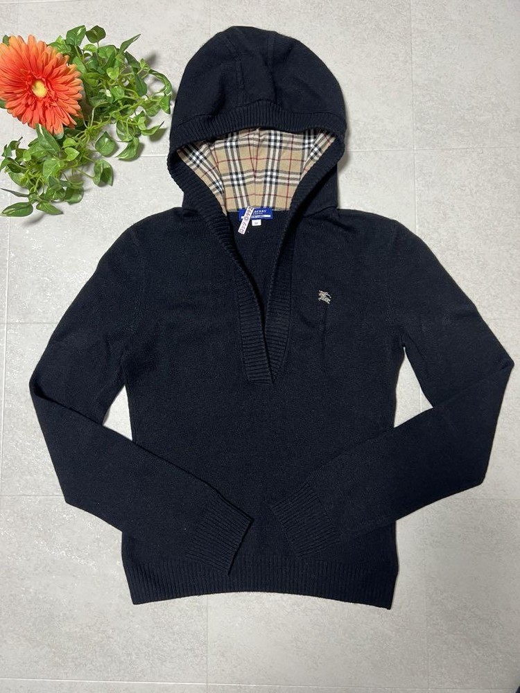 Burberry Blue Label Hooded Cashmere Sweater 38M Black Nova Check Details