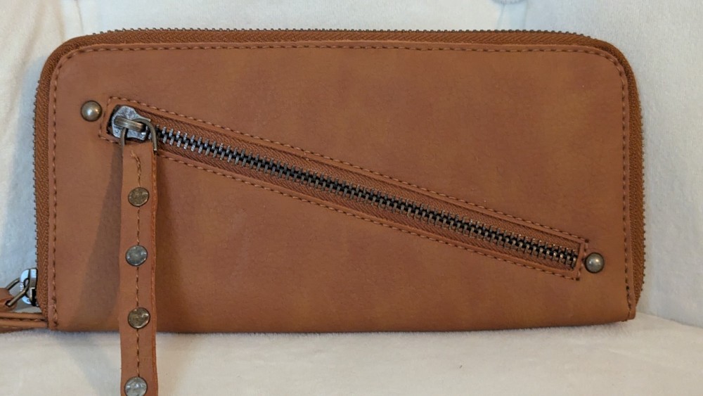 Free People Distressed Brown Vegan Wallet with Wrist Strap and Zip Closure