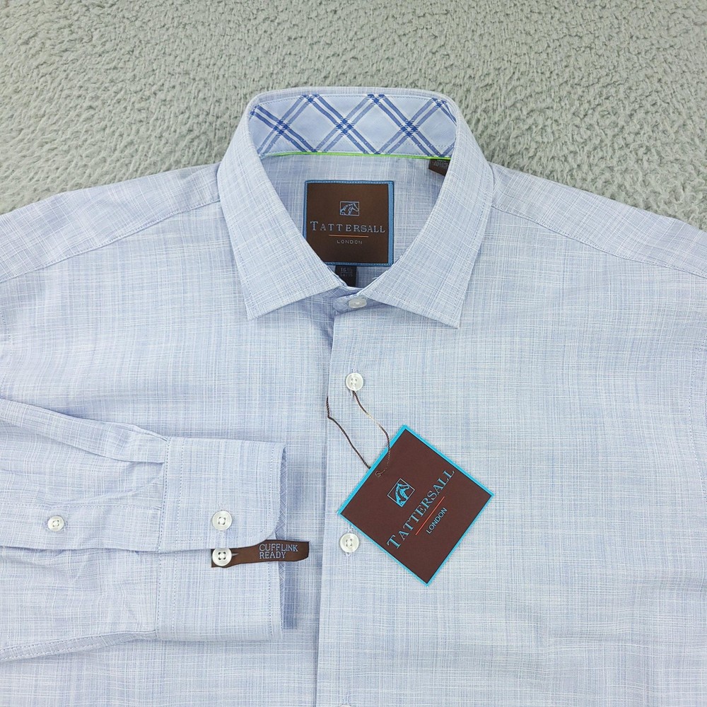 Tattersall Dress Shirt Mens 16.5 Blue Cufflink Ready Business Office