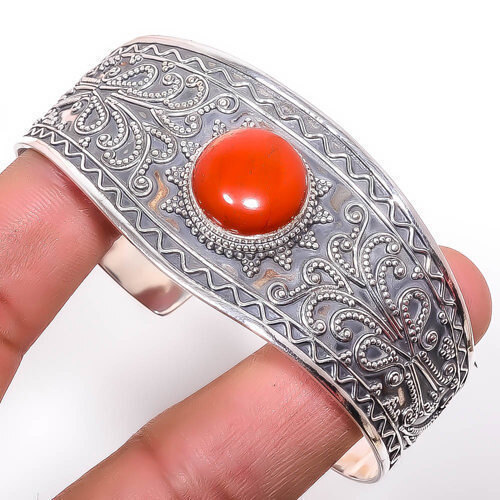Brazalete hecho a mano de plata de ley 925 de jaspe rojo adst. C7879-76 A386