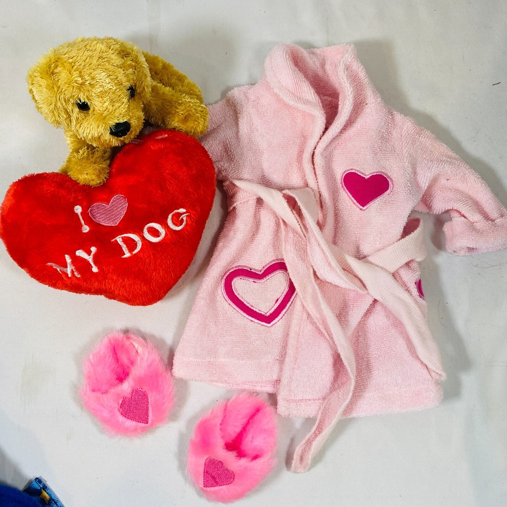 Pink heart robe and slippers set with golden retriever puppy for 18-inch American Girl doll