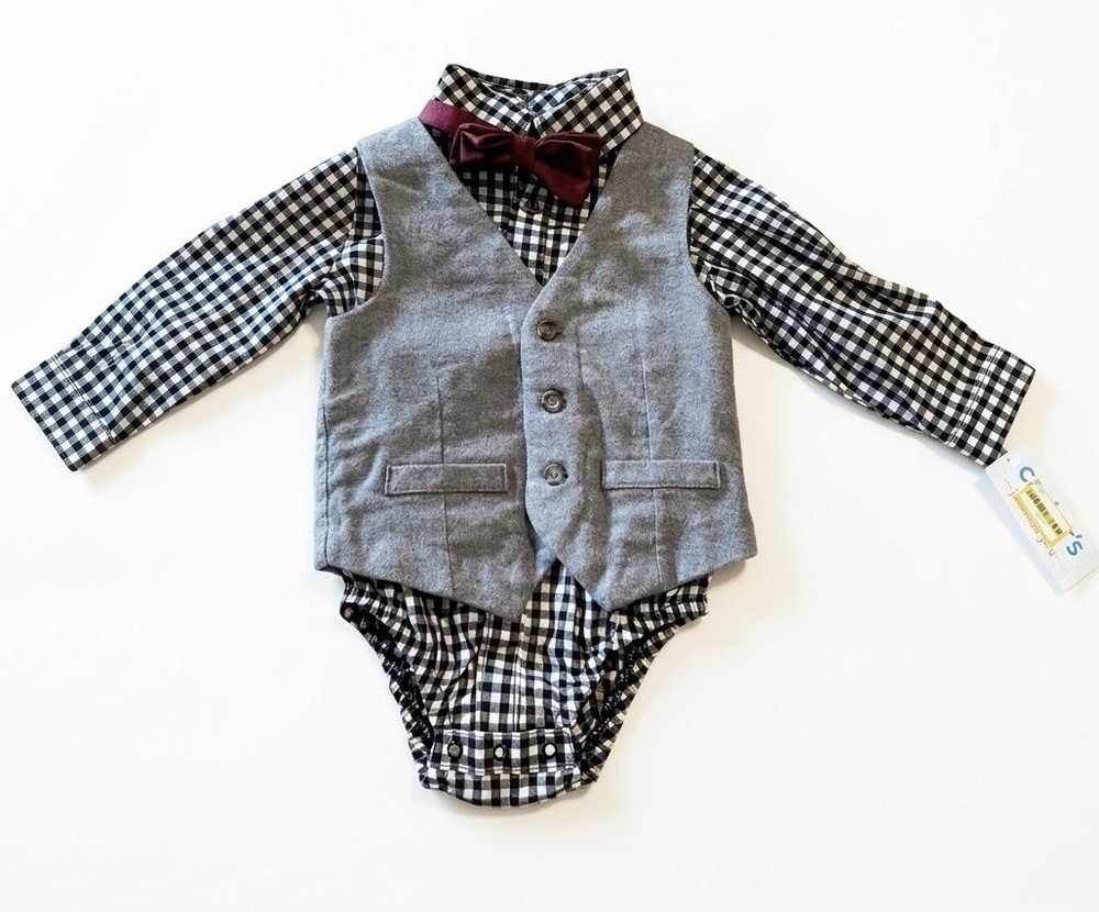 Cat & Jack Baby Boys 3-Piece Set Plaid Button Down Vest Bow Tie Size 18M NWT