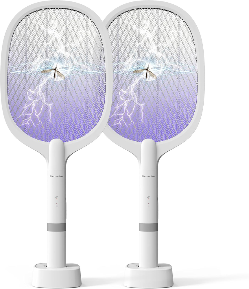2- Pack Electric Fly Swatter Racket Rechargeable with UV Bug Lights, Portable Mo