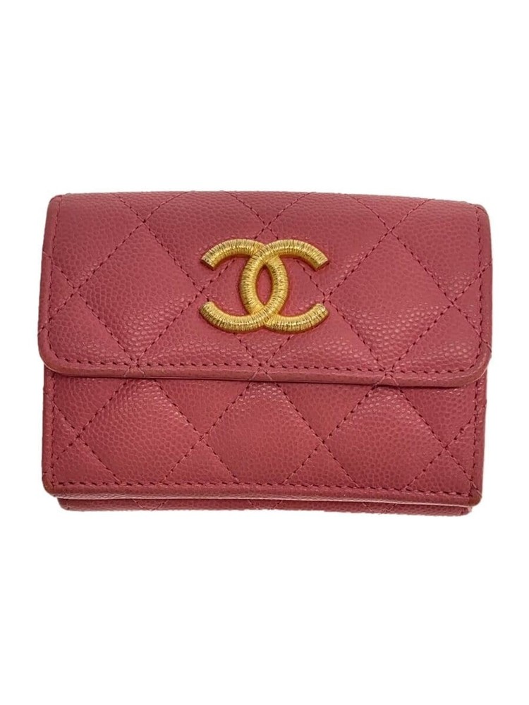 CHANEL Tri-Fold Compact Wallet Matelassé Caviar Leather Gold CC Pink Pre-Loved