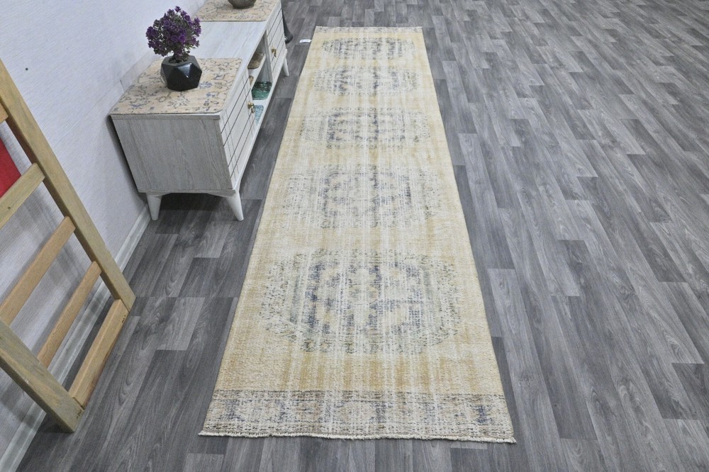 Vintage 3x11 Handmade Turkish Oushak Runner Rug Anatolian Boho Kilim in Yellow