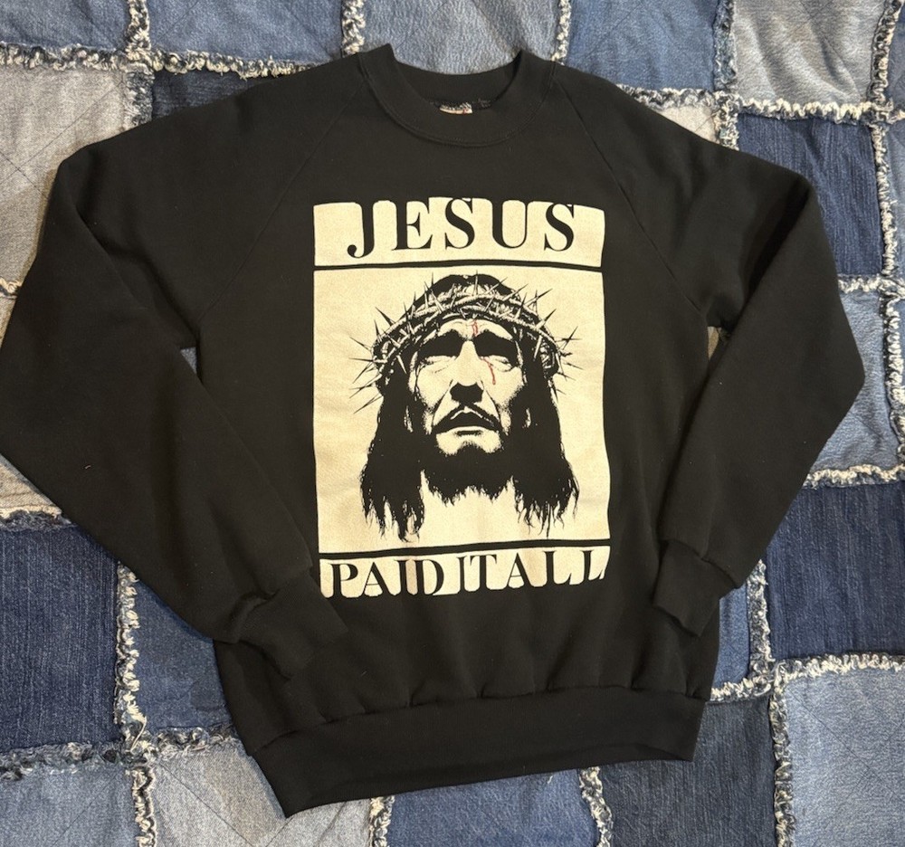Vintage Jesus Paid It All Religious Black Sweatshirt USA Med Dbl Sided Grunge