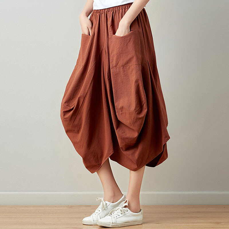Women Cotton Linen Trousers Irregular Cropped Pants Bloomers