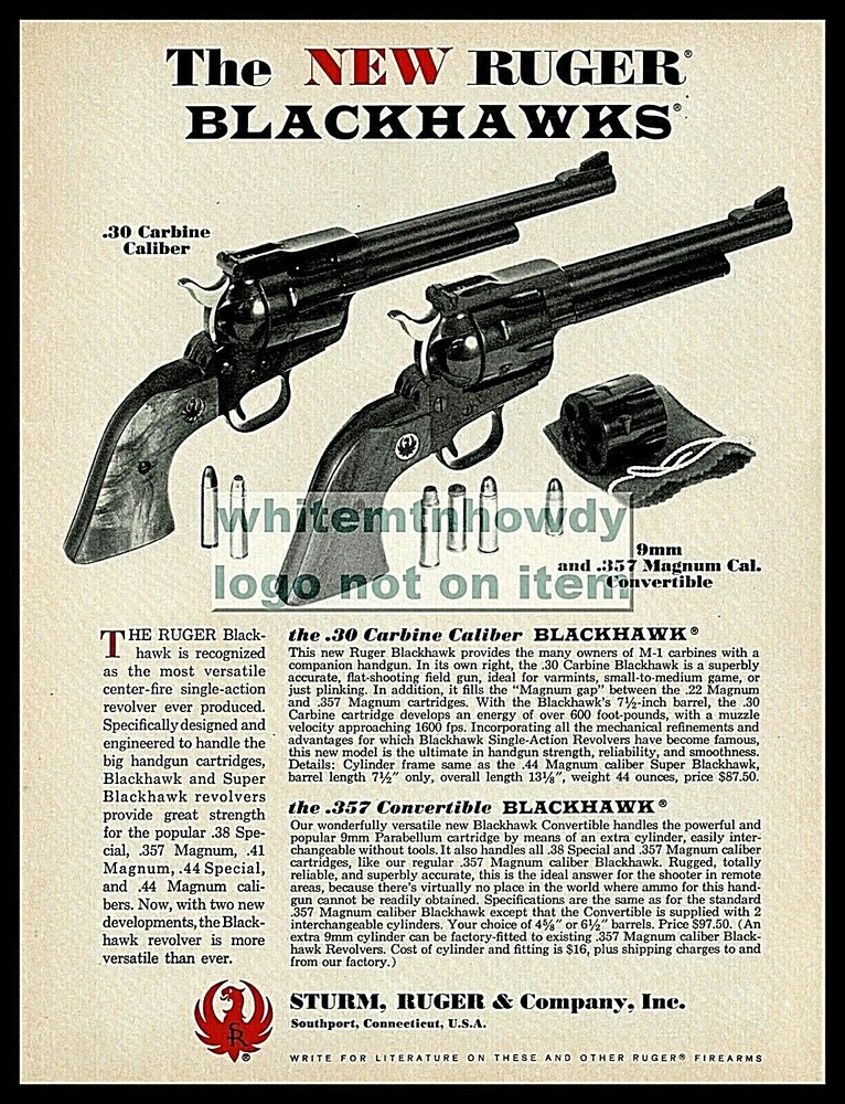 1968 RUGER Blackhawk .30 Carbine & .357 magnum Revolver PRINT AD