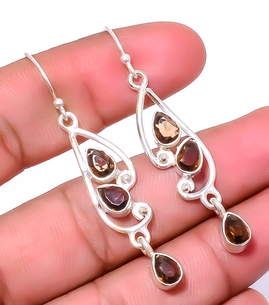 Smokey 925 Sterling Silver Handmade Valentine Earrings 2.15 Inch Gift E804238