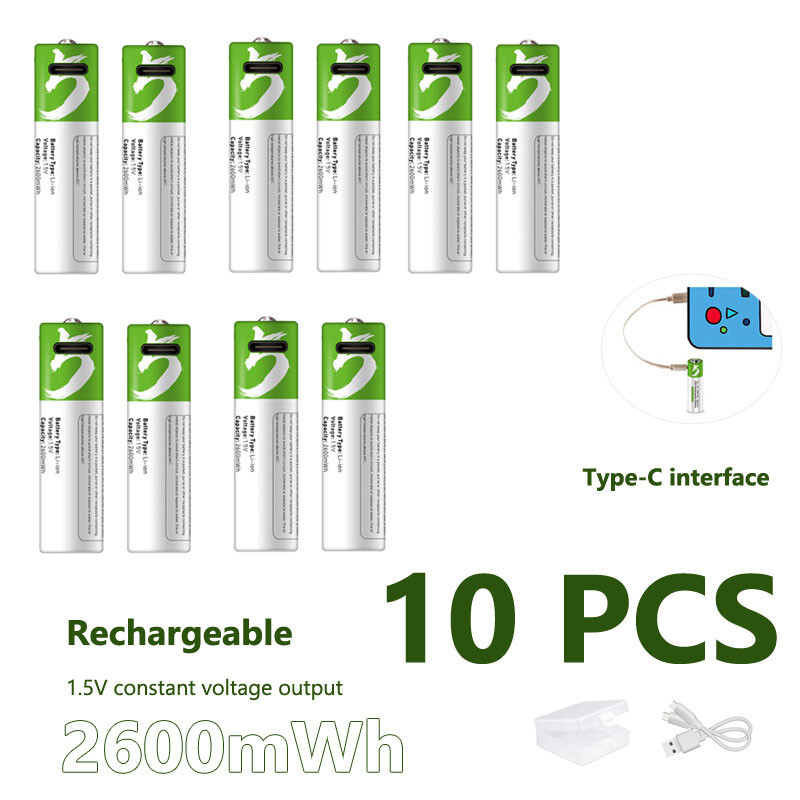 Rechargeable 10PCS USB AA Li-ion Battery Fast Charge Type C Cable 2600mWh 1.5V