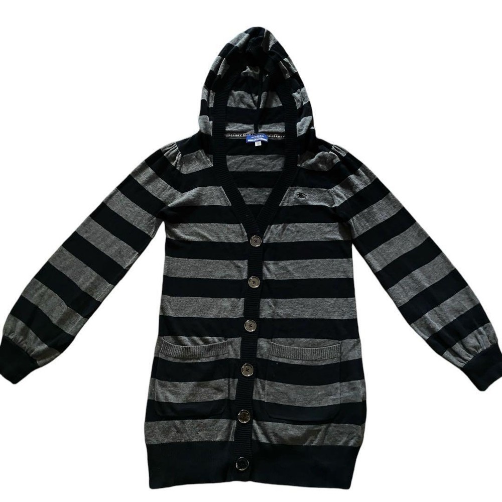 Burberry Blue Label Cardigan Knit Hooded Long M Size Cotton Fall Winter Used