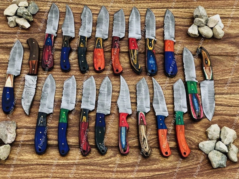 Lot of 20 Handmade Damascus Steel Skinner Knives Mix Wooden Handle with Sheaths