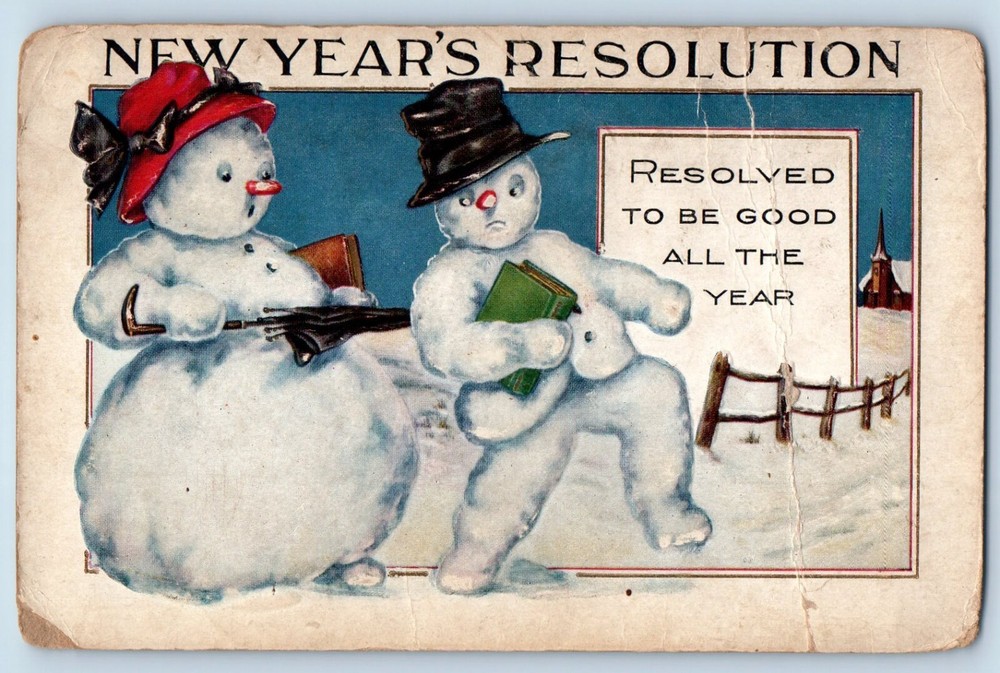 New Years Postcard Resolution Anthropomorphic Snowman Winter Scene Embossed-image