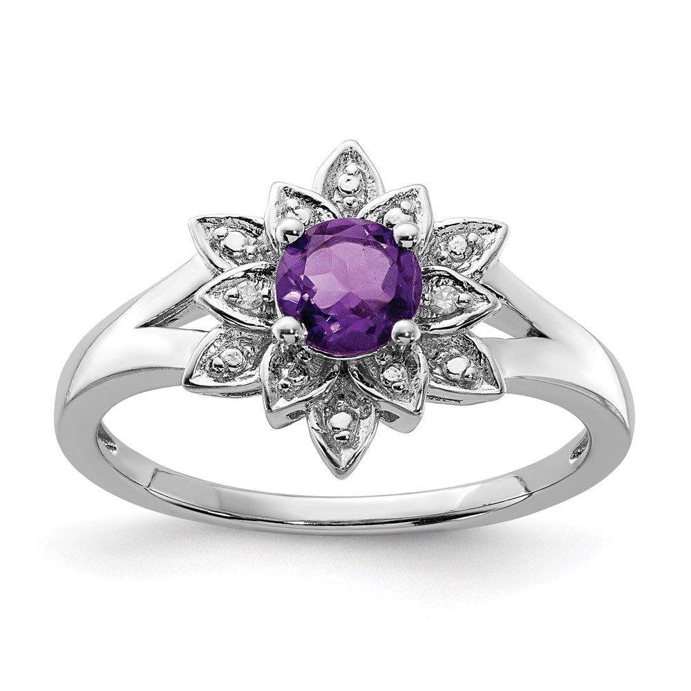 Sterling Silver Rhodium-plated Diamond & Amethyst Ring Size 6 for Women 2.24gm