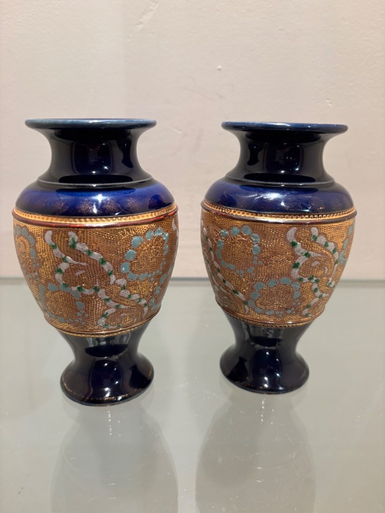 ROYAL DOULTON Slater’s Patent PAIR OF 5-5/8” VASES – Cobalt Blue & Gilt – c.1902