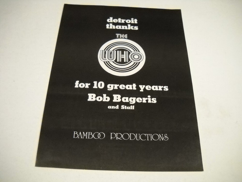 THE WHO Detroit says THANKS To The Who for 10 Great Years 1974 Promo Poster Ad