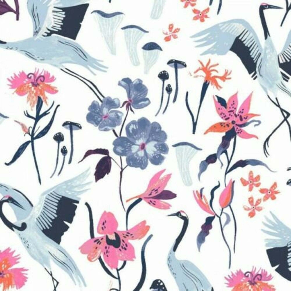 Dear Stella Crane Birds Floral White 100% Cotton Fabric by The Yard