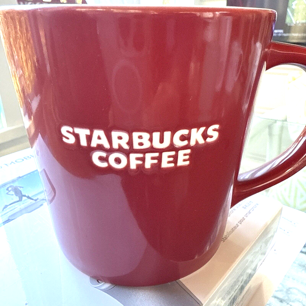 Starbucks Mug 2010 Holiday Red Coffee Cup 16oz Bone China Etched Red Ring Inside